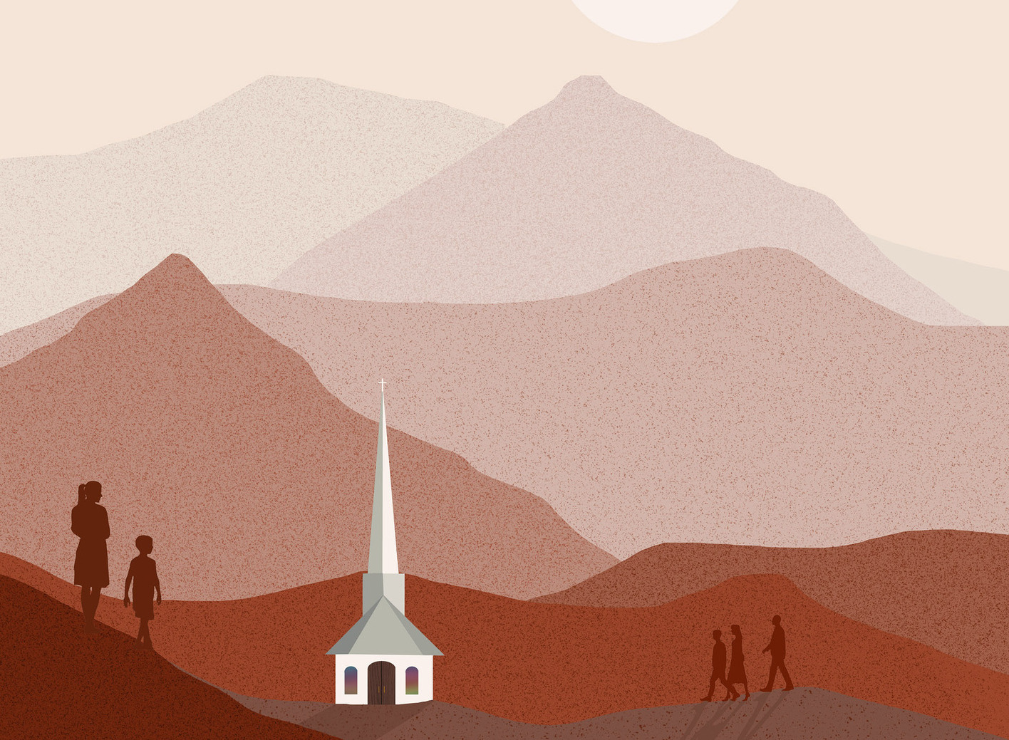 A small country church with a steeple is seen in the mountains as people walk toward the church.