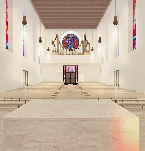 Ansicht der renovierten Pfarrkirche Altenstadt ab Herbst 2026 von der Empore aus Richtung Altar und in der Gegenrichtung.