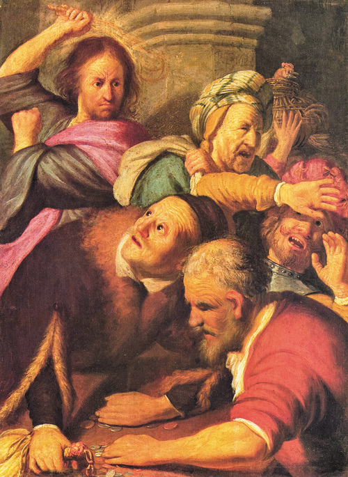 Jesus trieb die Händler und die Geldwechsler samt den Schafen und  Rindern aus dem Tempel hinaus. Hier in einer Darstellung von  Rembrandt aus dem Jahr 1626. 
